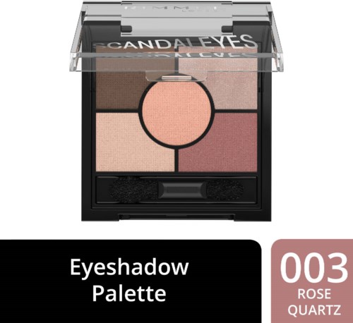 A compact eyeshadow palette with four shades: light pink, brown, and black with a mirror and applicator.