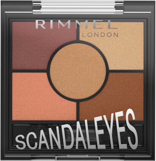 A makeup palette with four different eyeshadow colors and the words 'SCANDAL EYES' on it.