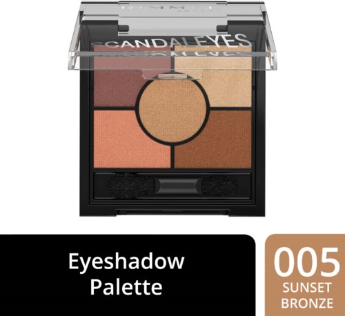 A makeup palette with five colors: pink, bronze, dark brown, black, and a highlighter, labeled 'Eyeshadow Palette' and 'Sunset Bronze 005.'