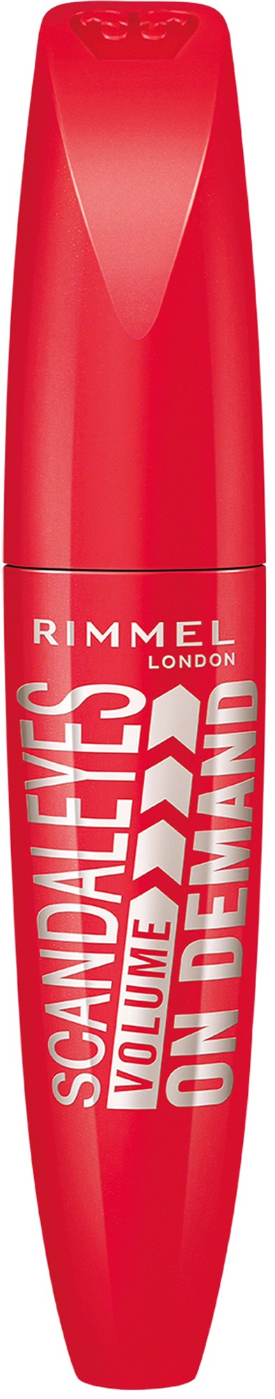 A red mascara tube with white text, promoting Rimmel London's Scandaleyes Volume Flash on Daring.