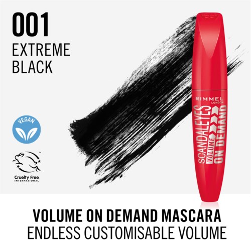 A red mascara tube with text, black mascara swatch, and icons for vegan and cruelty-free products.