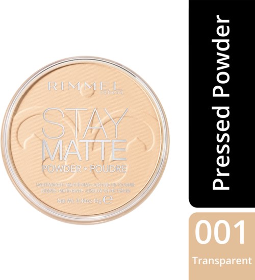 Ein runder Behälter mit Rimmel Stay Matte Puder, transparent, mit schwarzer und beiger Beschriftung.