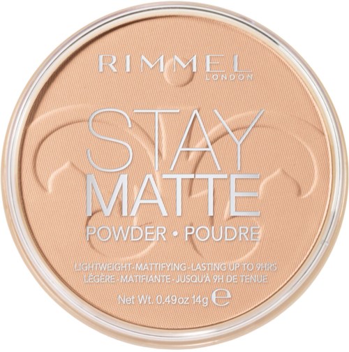 A round container of Rimmel Stay Matte powder with a beige top showing product name and details.