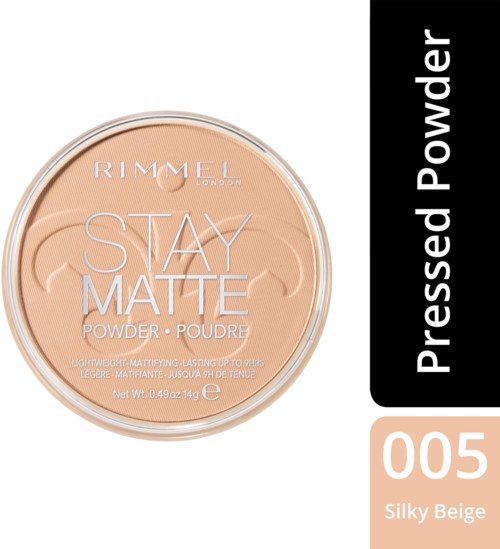 A round container of Rimmel Stay Matte powder, shade 005 Silky Beige, with black label on the right side.