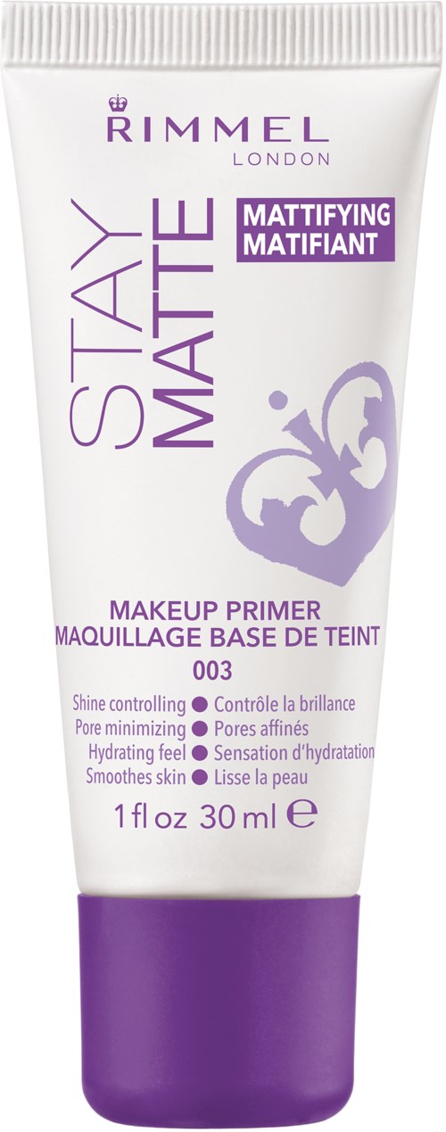 A white tube with purple accents and text, labeled Rimmel Stay Matte makeup primer, 30 ml.