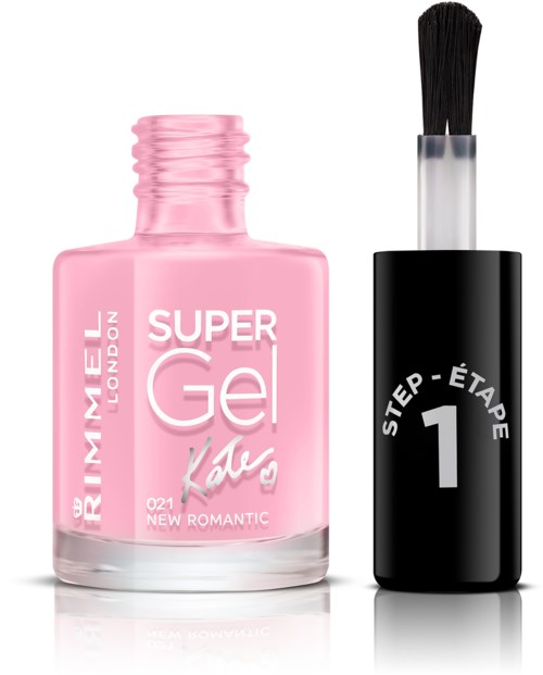 Pink nail polish bottle with black brush, labeled 'Rimmel London Super Gel Katie New Romantic'.