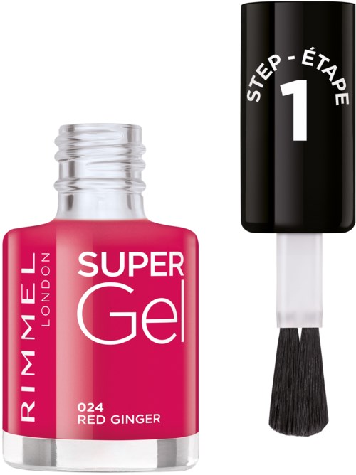 En rosa flaska nagellacksgel som säger 'Super Gel Red Ginger' och ett svart lock med 'Step 1' och en pensel.