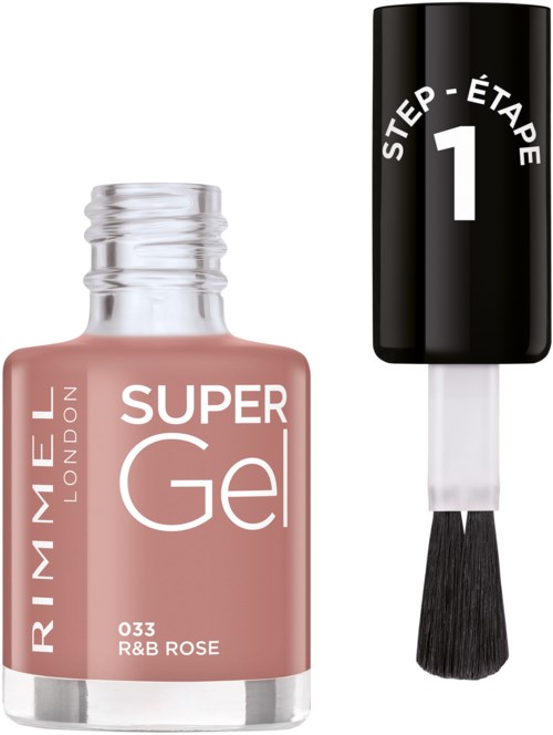 En rosa nagellackflaska med svart och vitt borstmått, märkt 'Super Gel' och 'Step 1'.