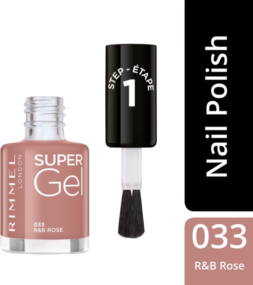 En nagellackflaska med svart lock märkt 'Steg 1' och ett mjukt rosa nagellack märkt 'R&B Rose, 033'.