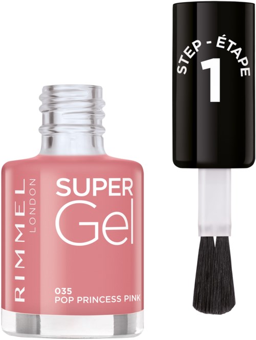 Pink nail polish bottle labeled 'Super Gel' with a black brush applicator next to it.