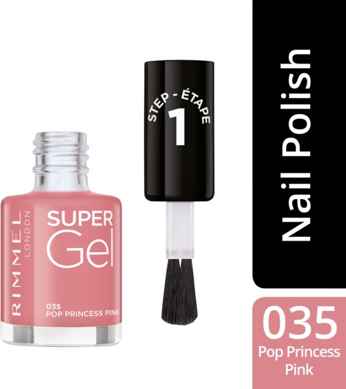 A bottle of pink nail polish with a black and white brush and a label indicating 'Step 1, Pop Princess Pink'.