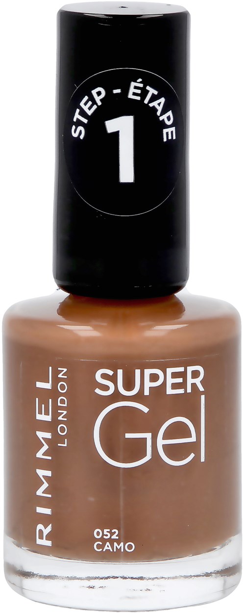 Nagellackflaska märkt 'Super Gel' från Rimmel London med ett steg 1 baslack i kamomönster.