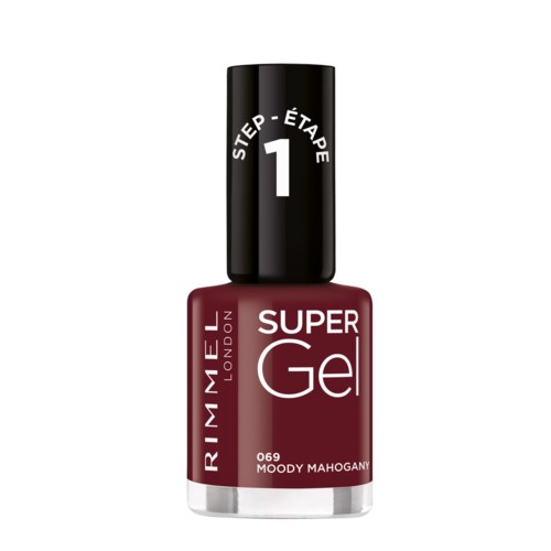 Röd Rimmel gel nagellackflaska med svart lock, märkt 'Steg 1' och 'Moody Mahogany'.