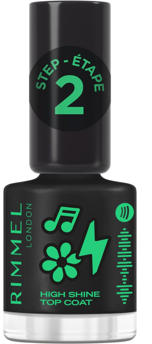 Black nail polish bottle with bright green text and symbols, including a flower, music note, and lightning bolt.