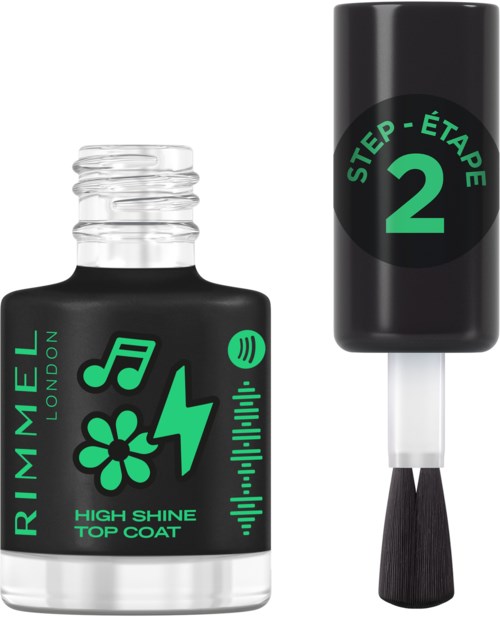 Black nail polish bottle with green text and symbols, and a separate brush with black polish.