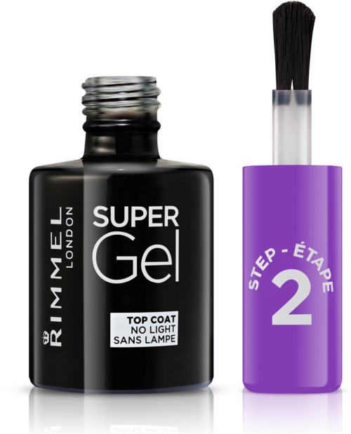 Black nail gel bottle labeled 'Super Gel' and a purple nail brush with 'Step 2' written on it.