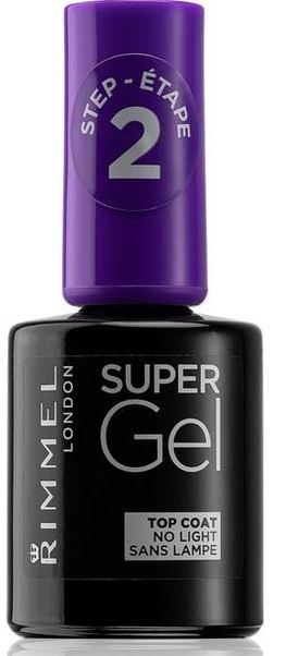 A black nail gel bottle with a purple cap showing step 2, labeled 'Super Gel' and 'Top Coat No Light'.