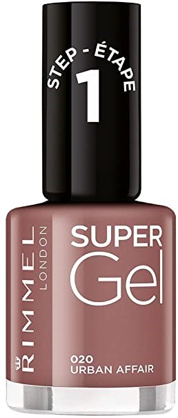 A bottle of Rimmel London nail polish labeled 'Super Gel' in shade 'Urban Affair,' with a black cap marked 'Step 1.'