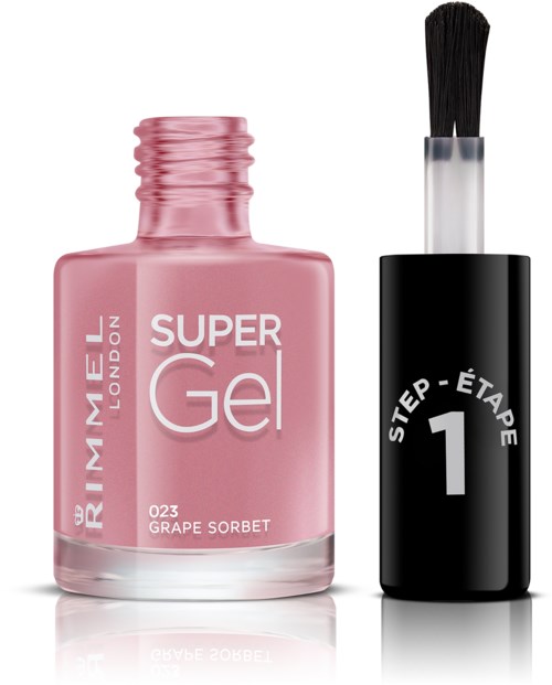Pink nail polish bottle labeled 'Grape Sorbet' with a black and white brush applicator.