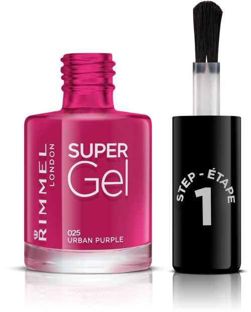 Rosa nagellacksflaska med svart borstkapsel. Etiketten säger "Super Gel" och "Urban Purple."