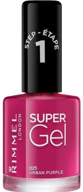 En rosa nagellackflaska märkt Rimmel London Super Gel, steg 1, i färgen Urban Purple.