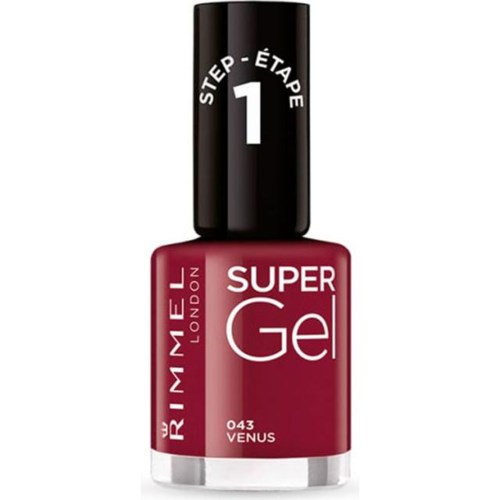 A bottle of red nail gel with black cap, labeled "Rimmel London" and "Super Gel" in white, step 1, Venus.