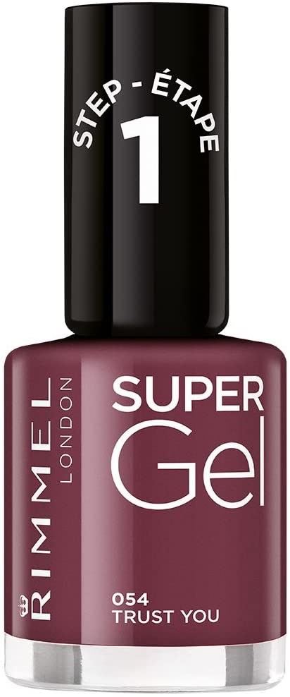 En flaska med Rimmel London Super Gel nagellack, lila färg, märkt 'Trust You'.