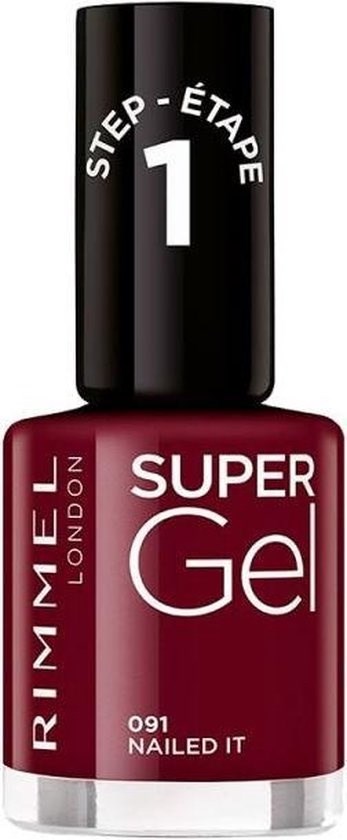 En nagellackflaska märkt 'Rimmel London Super Gel' med steg 1 och nyans 'Nailed It' i mörkröd.