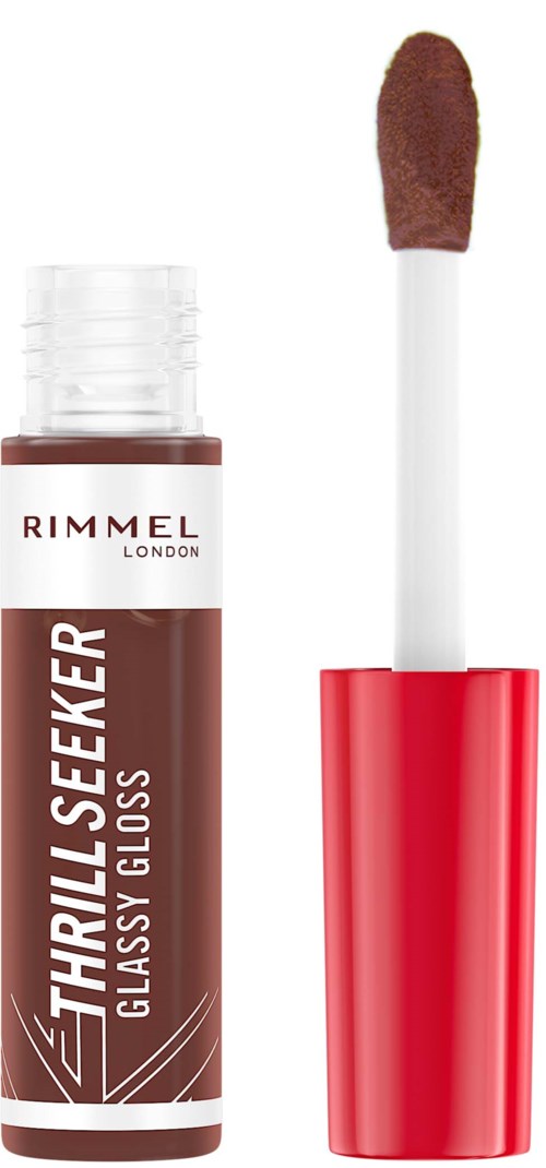 Lip gloss container with a red cap and a wand applicator with brown gloss inside.