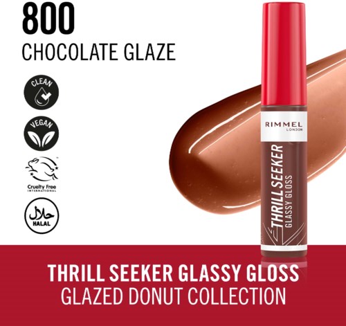 Lip gloss bottle with red cap, chocolate color, and text about shade 800 and collection.