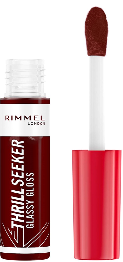 Lip gloss tube with red shade and a sponge applicator separated from it.