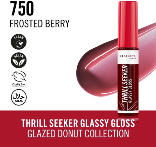 A lipstick tube with frosted berry shade on a glossy background. Labels show it is vegan, cruelty-free, and halal.