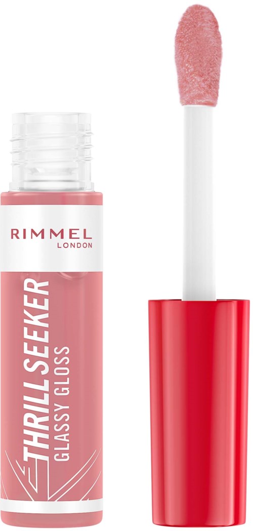 Lip gloss tube and applicator with pink gloss. Brand is Rimmel London, called Thriller Seeker.