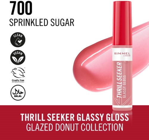 A pink nail polish bottle labeled 'Thrill Seeker Glassy Gloss' from Rimmel's Glazed Donut Collection.