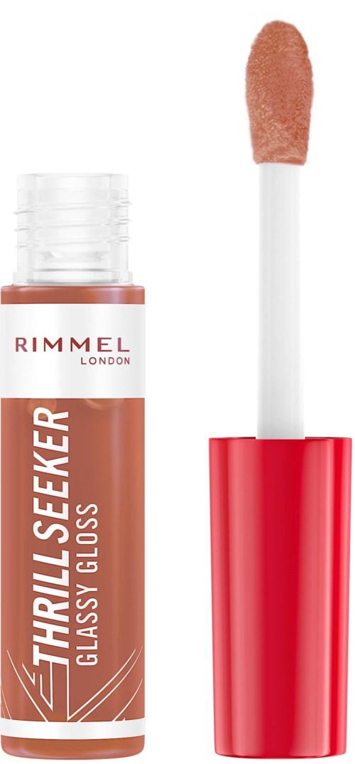 Lip gloss tube with applicator, labeled 'Rimmel London ThrilSeeker Glassy Gloss' in red and white.