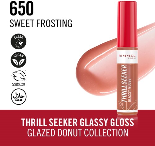 A Rimmel lip gloss called Thrill Seeker, in a red tube, with a shiny, peachy color and natural look.