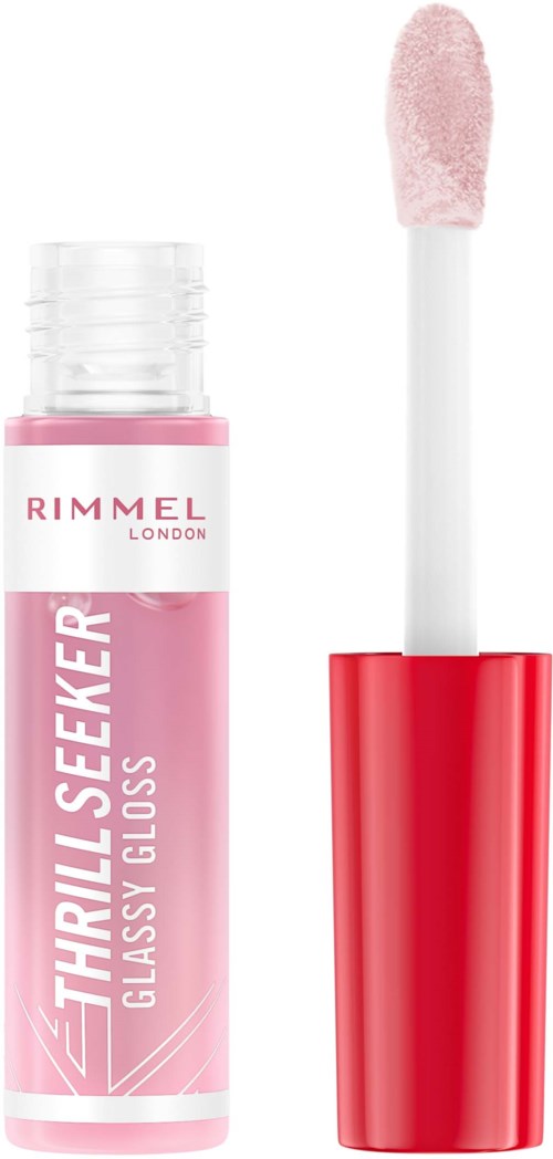 Pink lip gloss tube with the wand removed, showing pink gloss on the applicator.