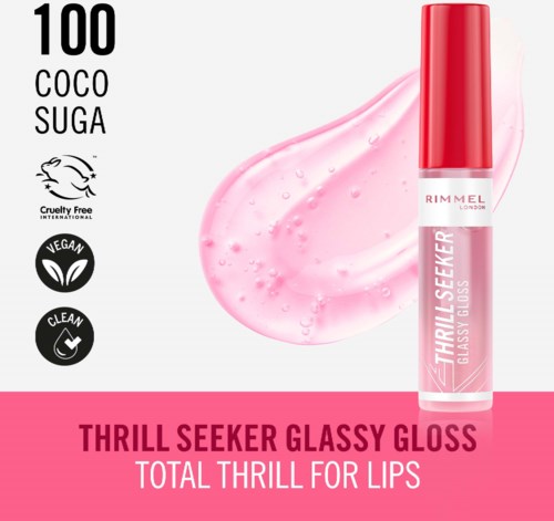 A lip gloss kit with pink gloss, a tube, and branding info, promoting cruelty-free, vegan, and clean products.
