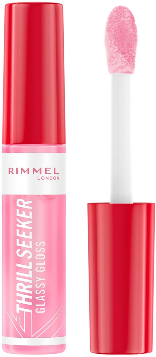 Lip gloss with a pink shade, red cap, and a wand applicator.