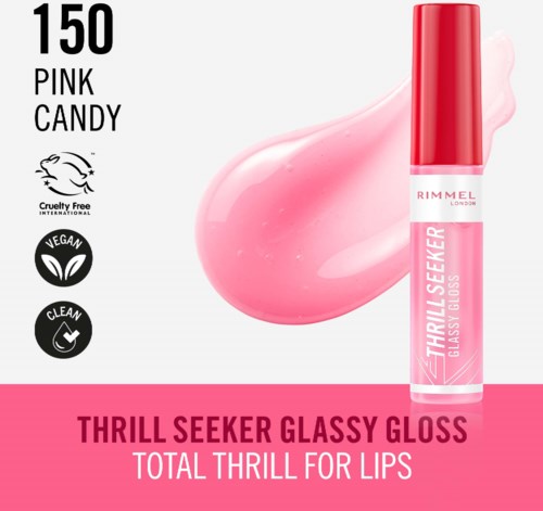Pink lip gloss named 'Thrill Seeker' with 150 shades, cruelty-free, vegan, and clean ingredients.