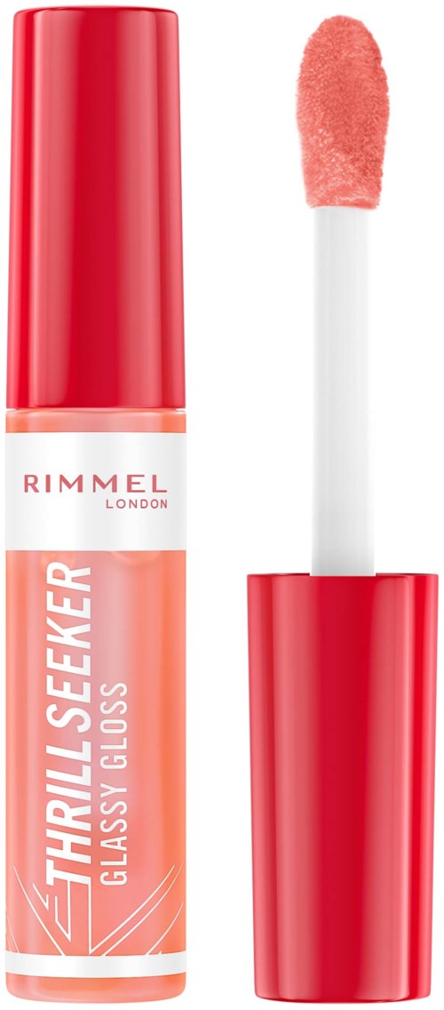 A lipstick tube with an applicator, labeled Rimmel London Thril Seeker Glossy Gloss in peachy pink.