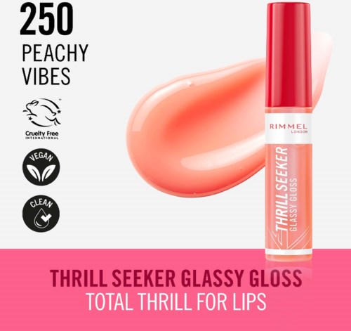 Lip gloss tube with peach-colored swatch, labeled 'Thrill Seeker Glassy Gloss' by Rimmel London, with icons for cruelty-free, vegan, and clean.