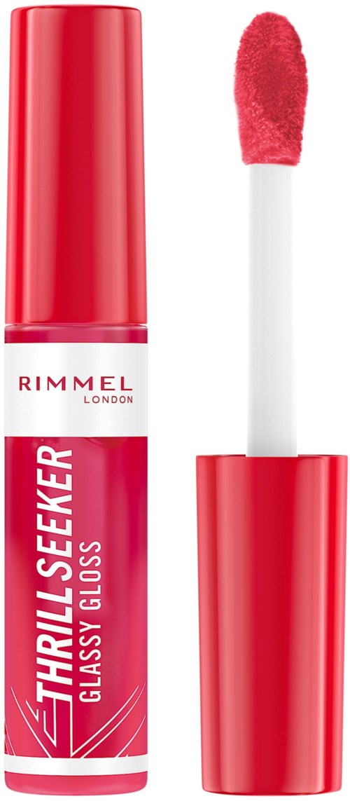 Red lip gloss container with a white wand and pink gloss applicator.