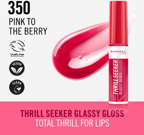 Lip gloss named Thrill Seeker in pink, with a swatch showing pinkish color, cruelty-free and vegan.