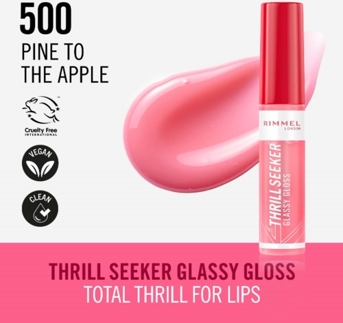 Lip gloss in a pink container with a color swatch, promoting vegan and cruelty-free properties, designed for full lips.