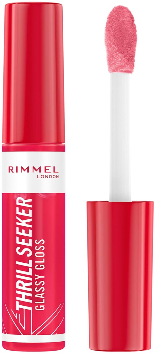 Red lip gloss tube with a fluffy applicator. The brand is Rimmel London and the product is called Thrill Seeker.