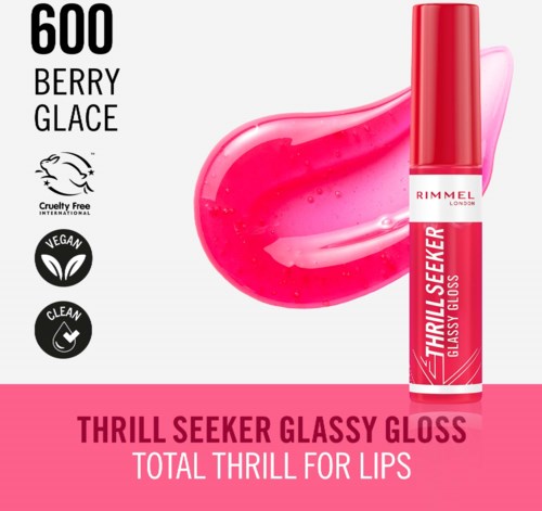 Rimmel London lip gloss called Thrill Seeker, with a berry flavor. Bright pink color, cruelty-free and vegan.