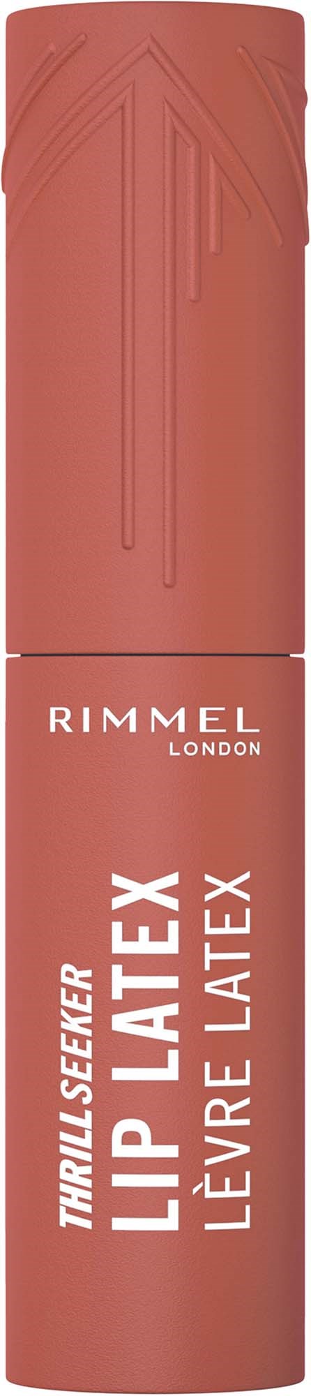 A Rimmel London lip gloss tube in a pink shade with branding and product name on it.