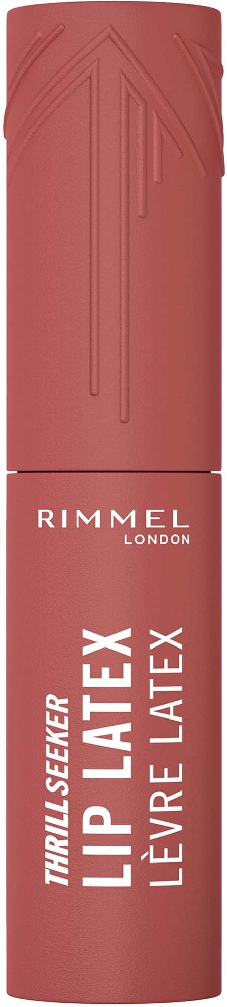 A pink tube labeled Rimmel London lip gloss with raised lines on the cap.