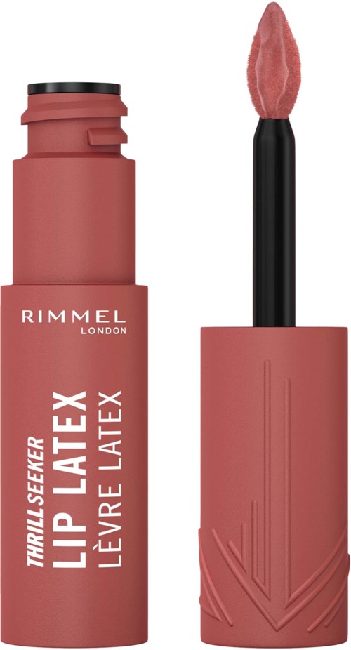 A lipstick tube with the lid off, showing pink lip gloss inside, branded Rimmel London.